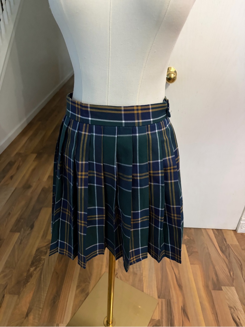 Green Navy & Mustard Plaid Preppy Pleated Mini Skirt